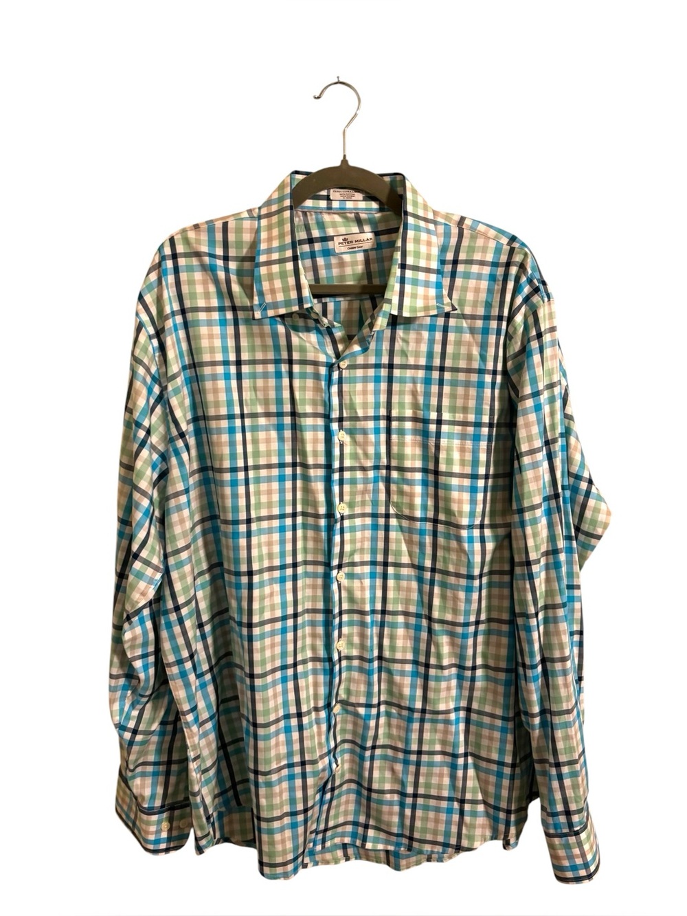 Peter Millar Crown Ease Blue Green Gingham Long Sleeve Button Up Shirt XXL